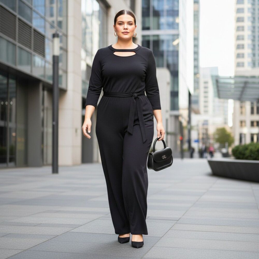NY COLLECTION Woman Black Cut Out Long Sleeve Jumpsuit, Size 2X. NEW!